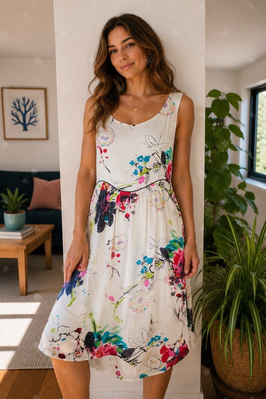 Matty M 100% Silk Floral Sleeveless Dress Women’s Medium Ivory Multicolor